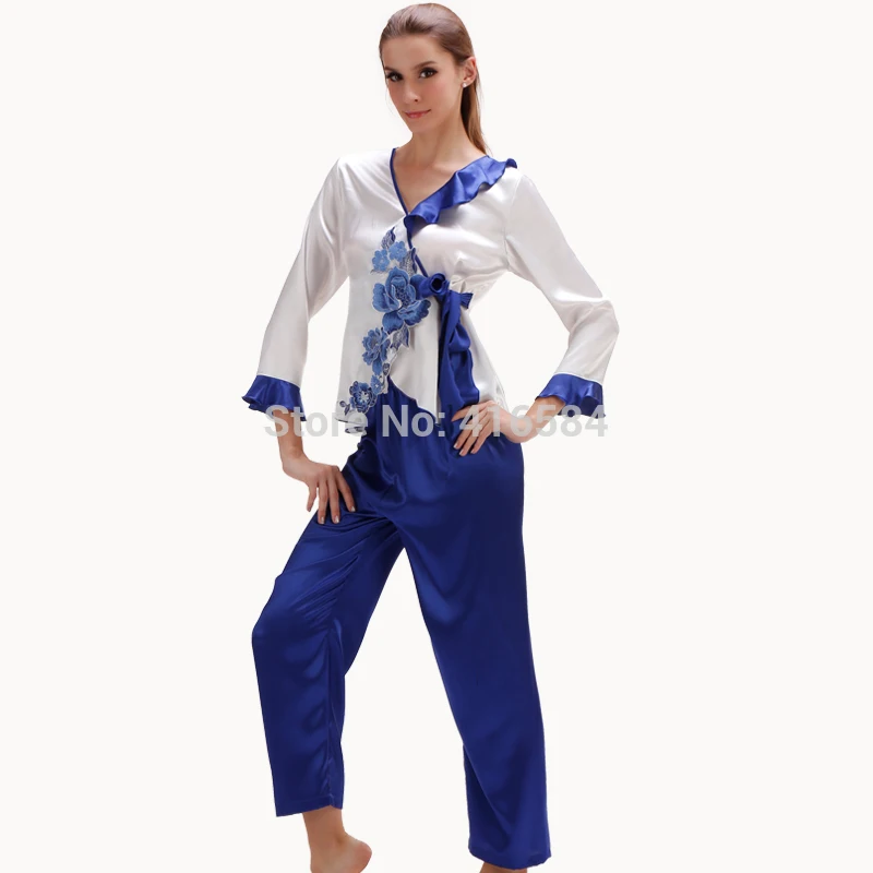 Китайский модный Атласный пижамный комплект, атласный халат с рюшами и вышивкой и штаны, сине-белые фарфоровые пижамы, женские пижамы