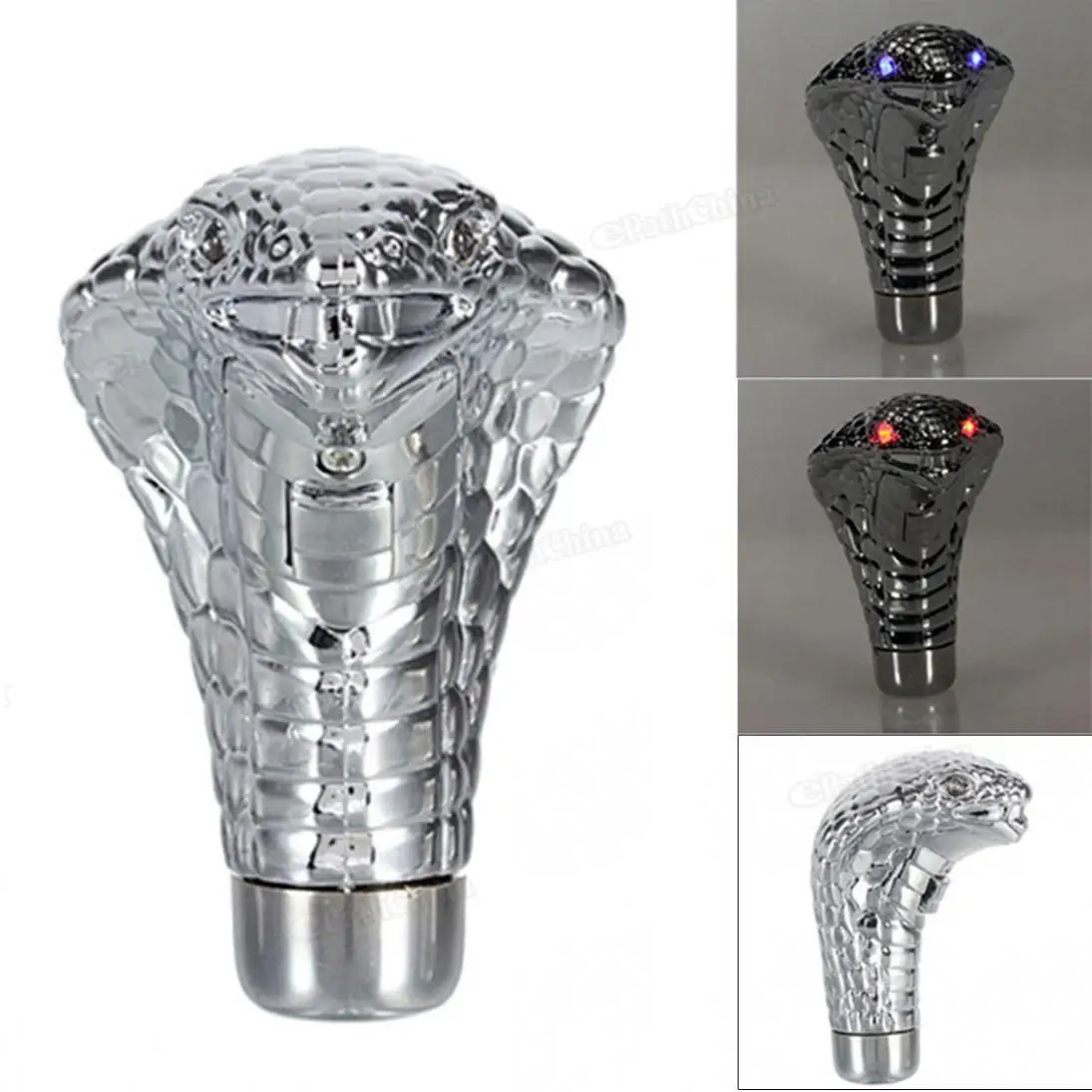 

Silver Led Eyes Auto Car Chrome Manual Gear Shift Knob Cobra Snake With Four Flash Modes Cool Shift Lever