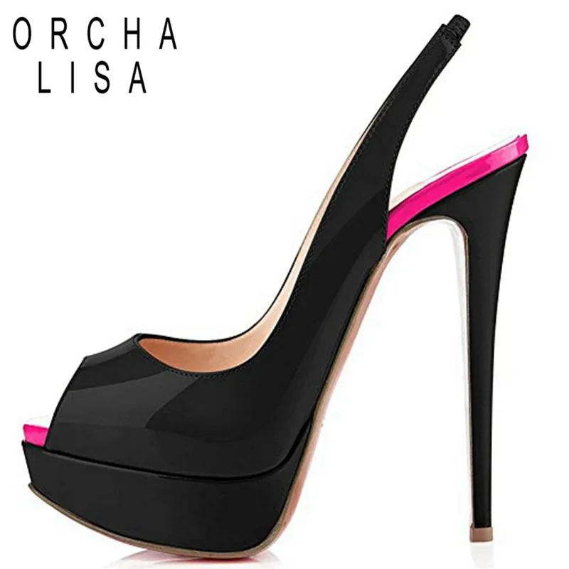 

ORCHA LISA Super High heels pumps Party Platform Shoes woman ladiesPeep toe Patent leather Female Black thin heels plus size 46