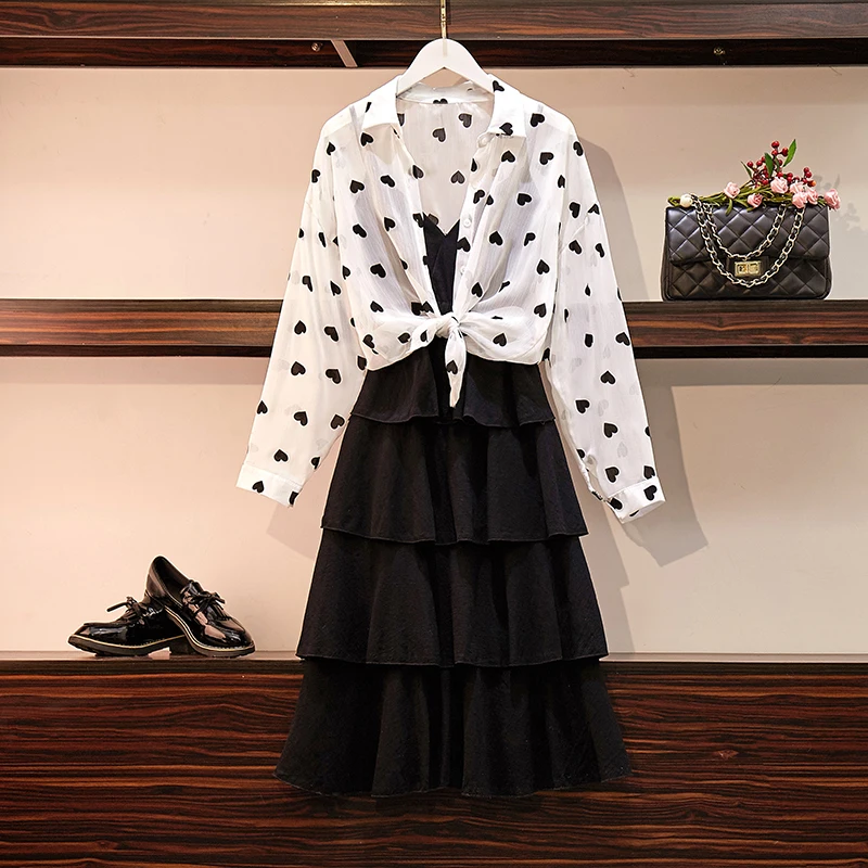

2019 Summer Fashion Long Sleeves Turn-down Collar Shirts + V Neck Dress Women's Two Pieces Sets Casual Suits A1332