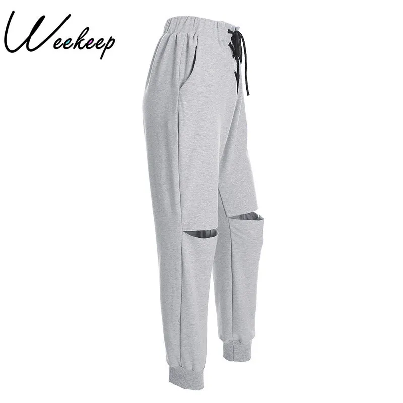 

Weekeep Gray Hole Ripped High Waist Pants Women's Elastic Waist Drawstring Loose Sweatpants Women 2018 Fashion Long Pencil Pants