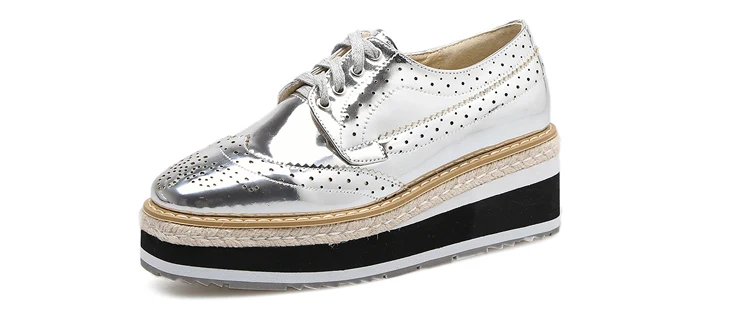 Women Platform Oxfords Brogue Flats Shoes Patent Leather Lace Up Square Toe Brand Female Footwear Shoes For Women Creepers Black (4)