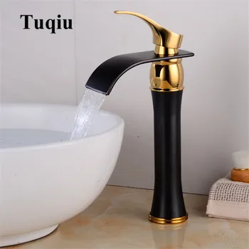 Basin Faucet Single Handle Black & Gold Brass Waterfall Basin Mixer Tap Hot & Cold Bathroom Faucets Sink Waterfall Faucet Drain bathroom sink faucet waterfall solid brass basin faucets free shipping mixer tap bathroom faucet hot cold mixing valve