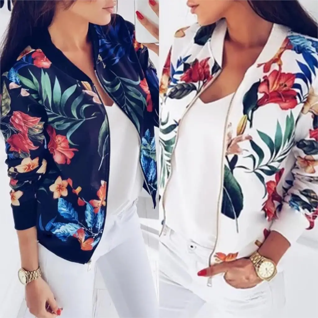 LOSSKY Retro Floral Print Women Coat Casual Zipper Up Bomber Women's Autumn Long Sleeve Outwear Jacket Coats Ladies Clothes