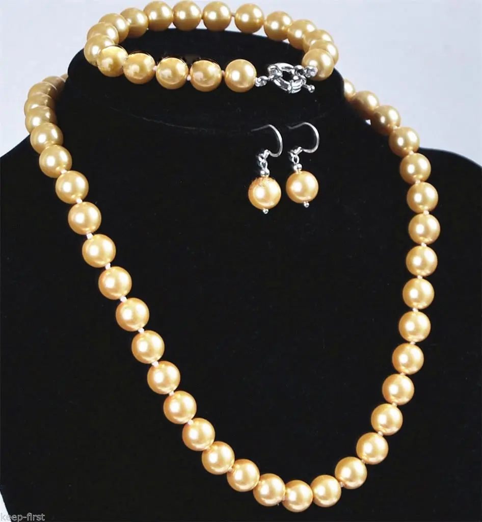 

Hot sale new Style >>>>Real 12mm Golden South Sea Shell Pearl Necklace bracelet Earrings Set AAA Grade