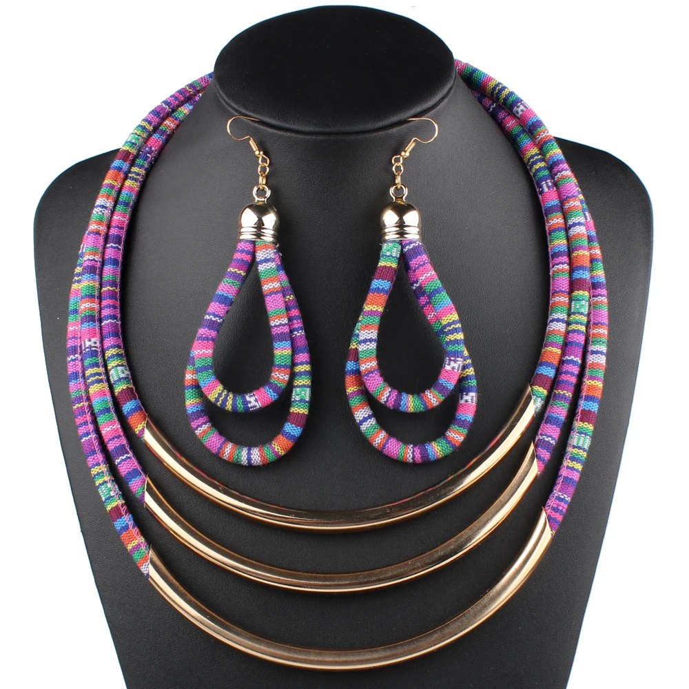 

Claire Jin Cotton Fabric Rope Bohemian Necklace and Earrings Multi Layer Ethnic Jewelry Set Copper Tube Women Vintage Choker