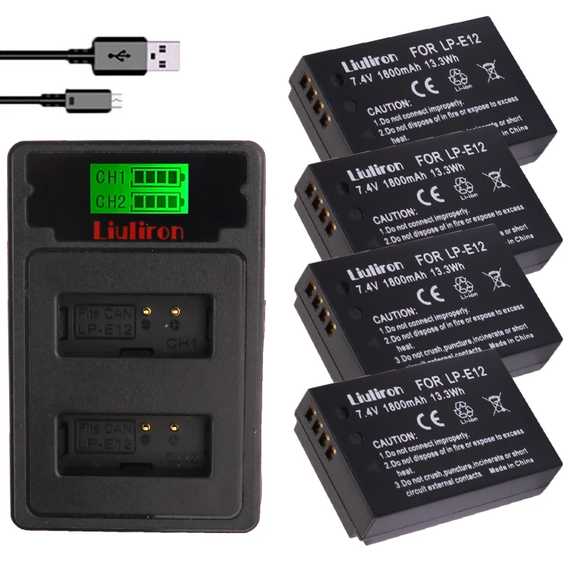 

4Pcs 1800mAh LP-E12 LP E12 LPE12 Li-ion Battery +LCD USB Dual Charger for Canon EOS M50, EOS M100,100D Kiss X7 Rebel SL1 Camera