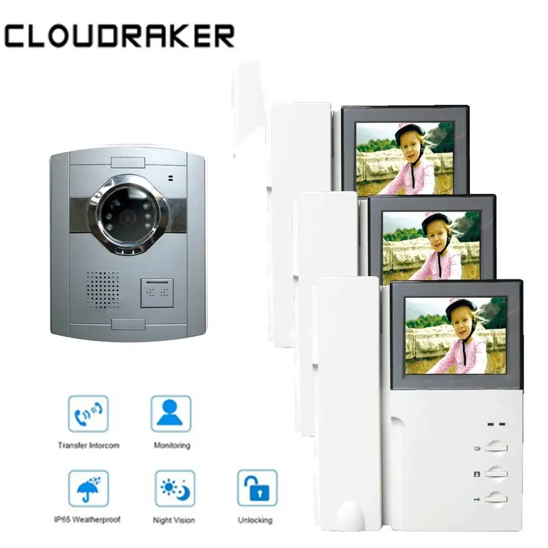

CLOUDRAKER Video Intercom System 3 x 4.3 Inch Monitor with 1x Video Door Phone Camera Wired Intercom IR Night Vision Unlock