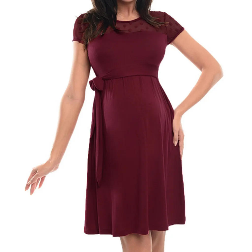 

Sexy Maternity Dress Pregnant Lace O-Neck Pure Color Lace-up Short Sleeve Dress 3 Colors Breastfeeding Nursing Pregnant Dresses