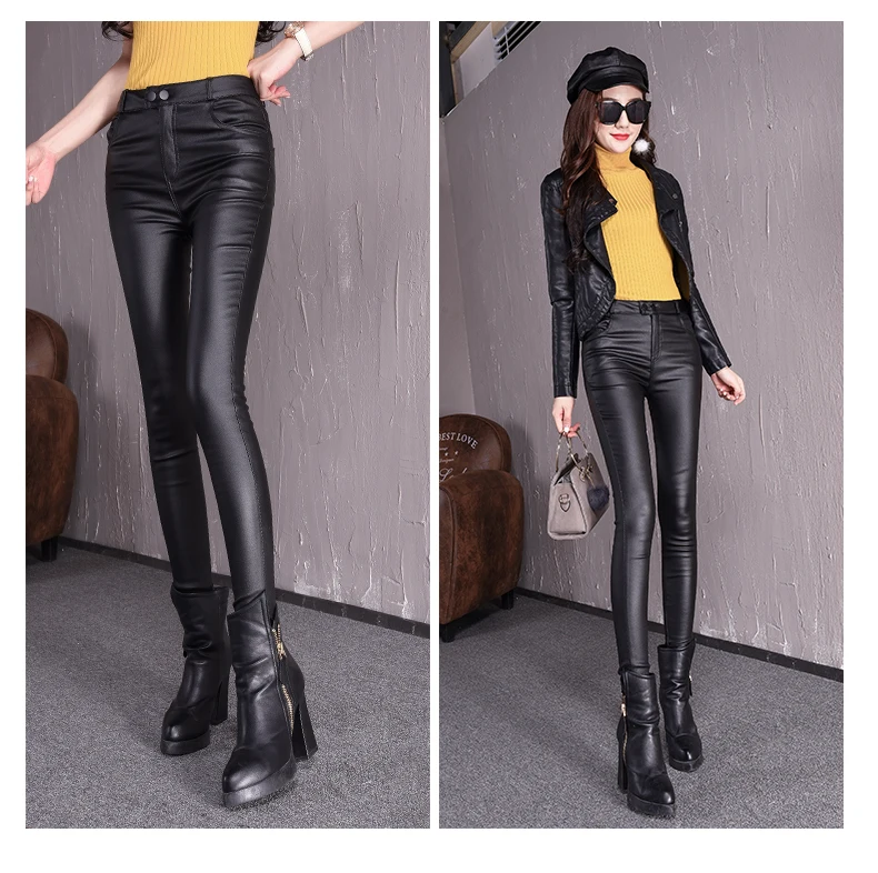 Vangull Autumn Women's Leather Pants Female Winter High Waisted Pants Leather Trousers Women PU Skinny Stretch Pencil Pantalons