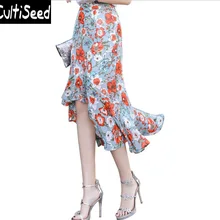 С цветочным принтом Шифоновая юбка одежда леди летние элегантные офисные оборками Тонкий хип юбки Для женщин юбки с эластичной резинкой на талии