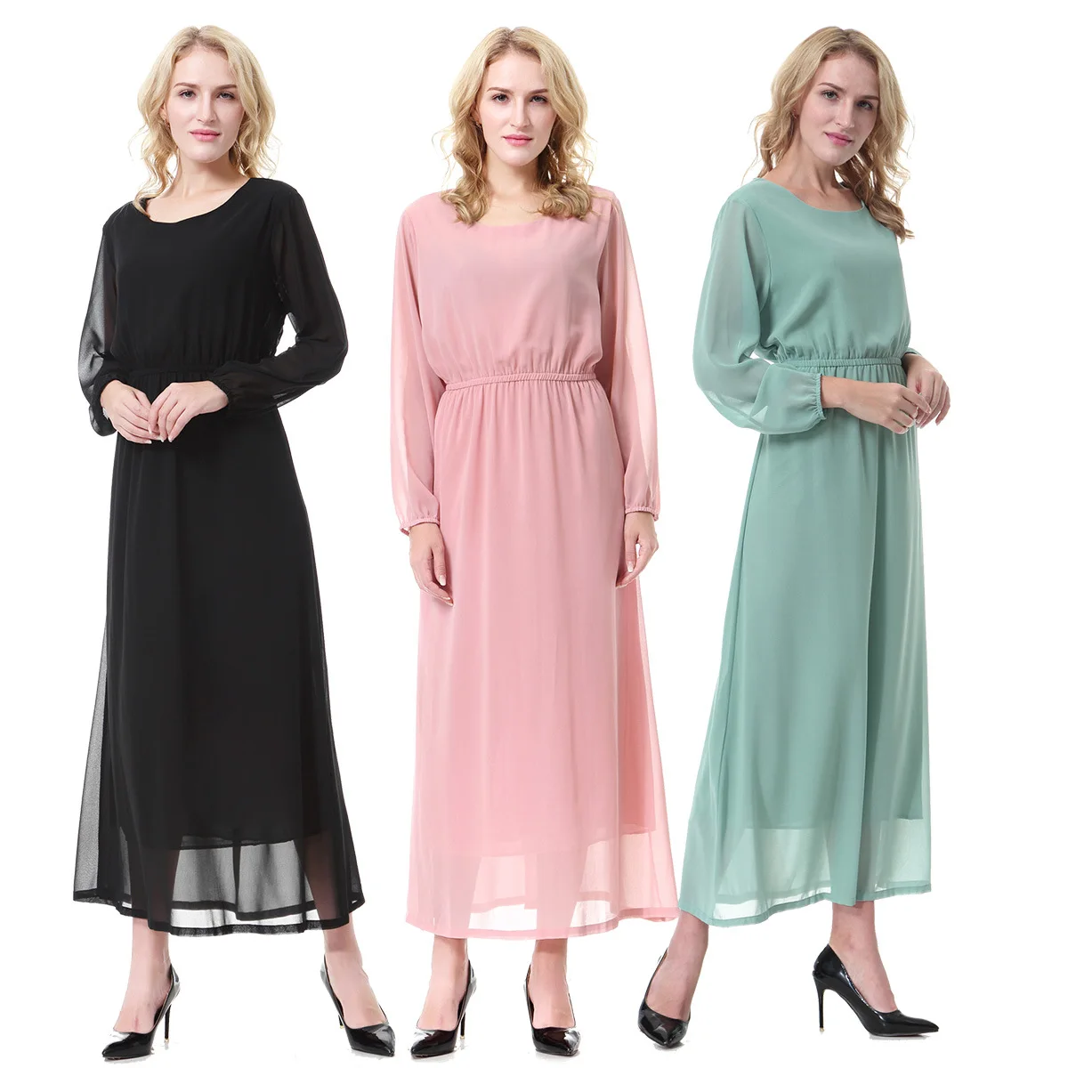 

2017 Muslim Women Long Sleeve Dubai Dress Maxi Abaya Jalabiya Islamic Clothing Robe Moroccan Elegant Casual Solid Dress 3 Color