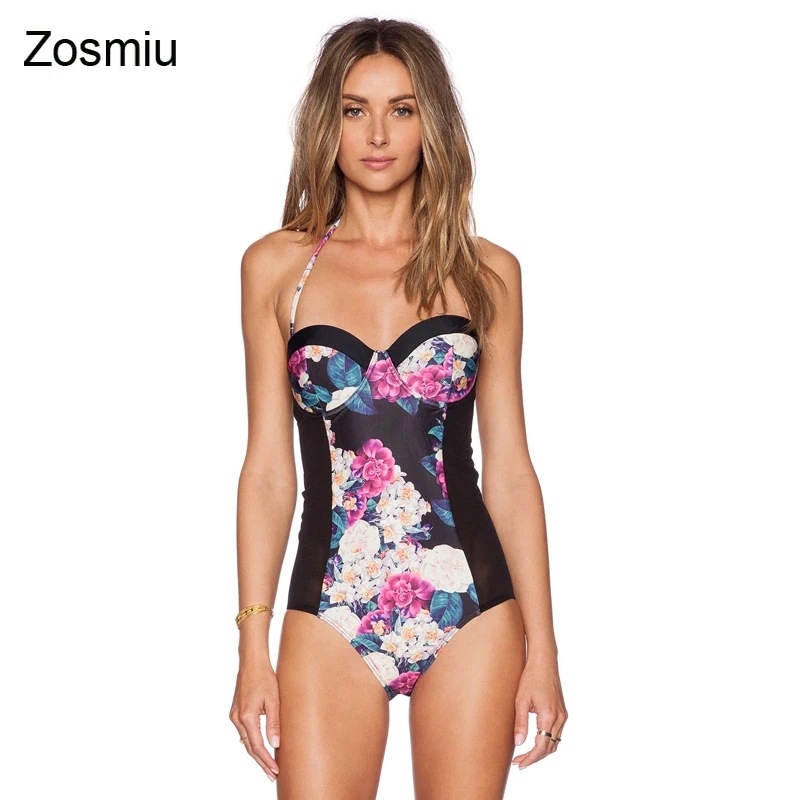 

2017 Retro Flowers Swimwear Sexy Bodysuit Women New Trendy Backless One Piece Swimsuit Beachwear Hot High Quality Swimming suit