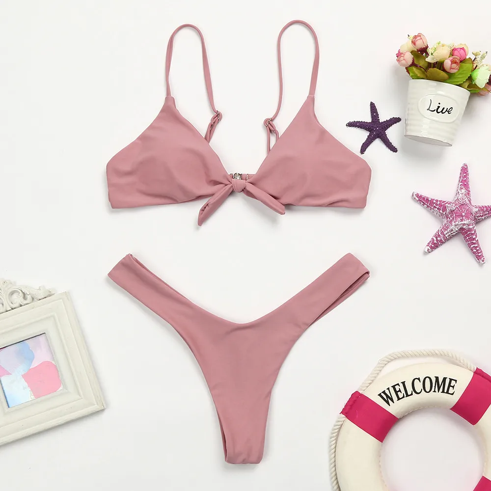 

Two Piece Swimsuit 2018 Sexy Swimwear Women Girls Bikini Set Bow Bandage Padded Sexy Beach Solid Suit Swimwear badpak meisje