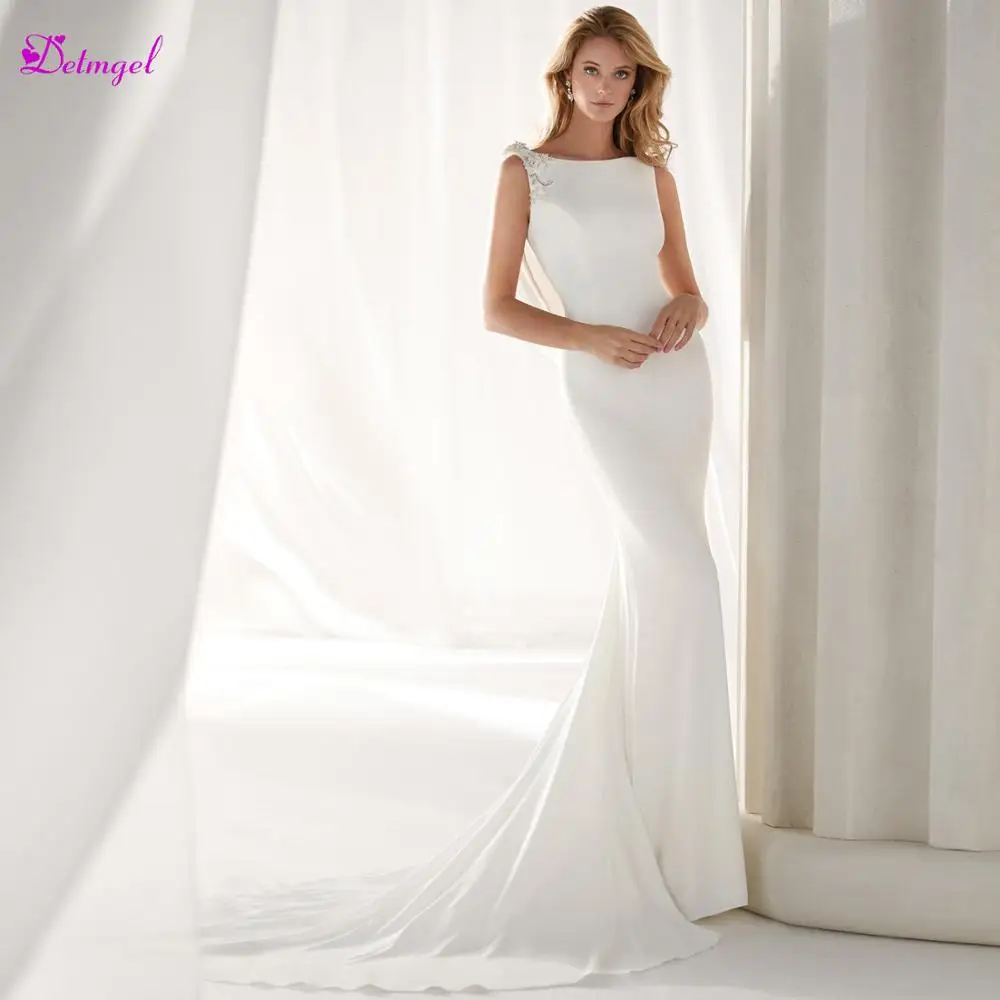 

Detmgel New Gorgeous Soft Satin Brush Train Mermaid Wedding Dresses 2019 Luxury Beaded Scoop Neck Trumpet Bridal Gown Plus Size