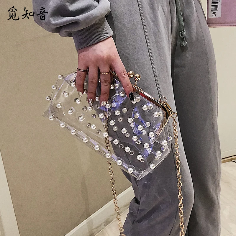 

Summer Transparent Bag Female 2019 New Wave Korean Version Of The Pearl Jelly Package Chain Shoulder Messenger Bag Small Bag