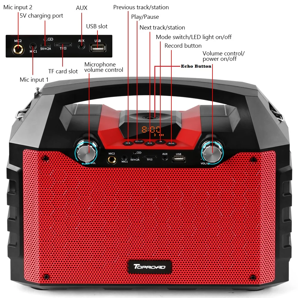 TOPROAD Портативный 40 Вт большой Мощность Bluetooth Динамик Беспроводной сабвуфер глубокий бас Динамик s Поддержка дистанционного Управление FM радио AUX USB