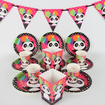 

for 10kids Happy Birthday Party Supplies Cartoon Panda Paper Plate Cup Banner Popcorn box set Xmas Party Decoration 52pcs