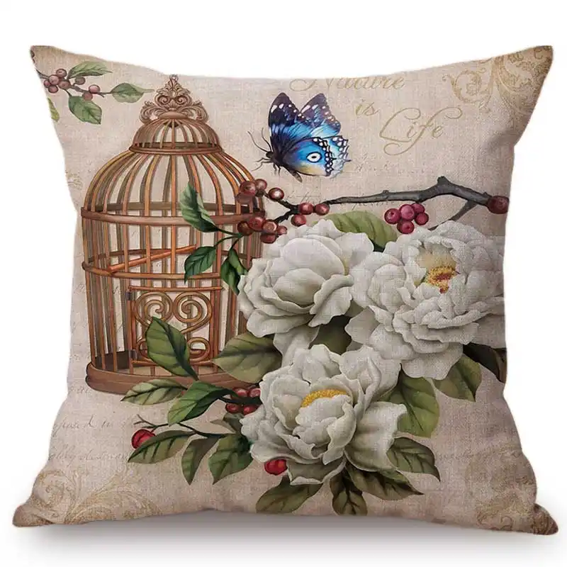 Elegante Blumen Vogel Kafig Zeichnung Home Dekorative Sofa Werfen Kissen Fall Vintage Blume Vogel Poster Design Leinen Kissen Abdeckung Cushion Cover Aliexpress