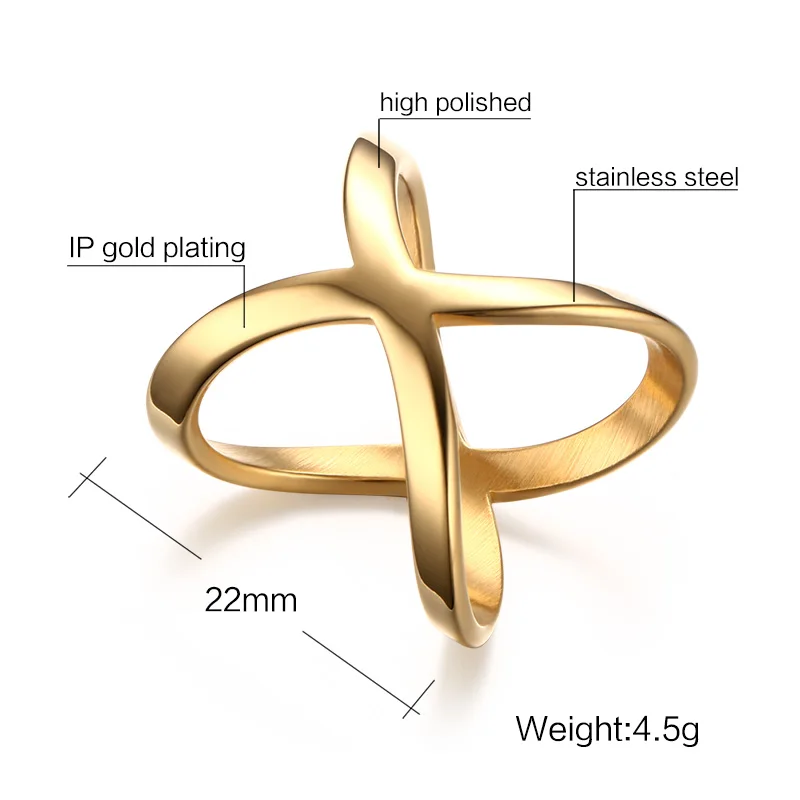 Модная бижутерия, кольца для женщин, простые, нержавеющая сталь, золотой цвет, "X", крест, ювелирные изделия на палец