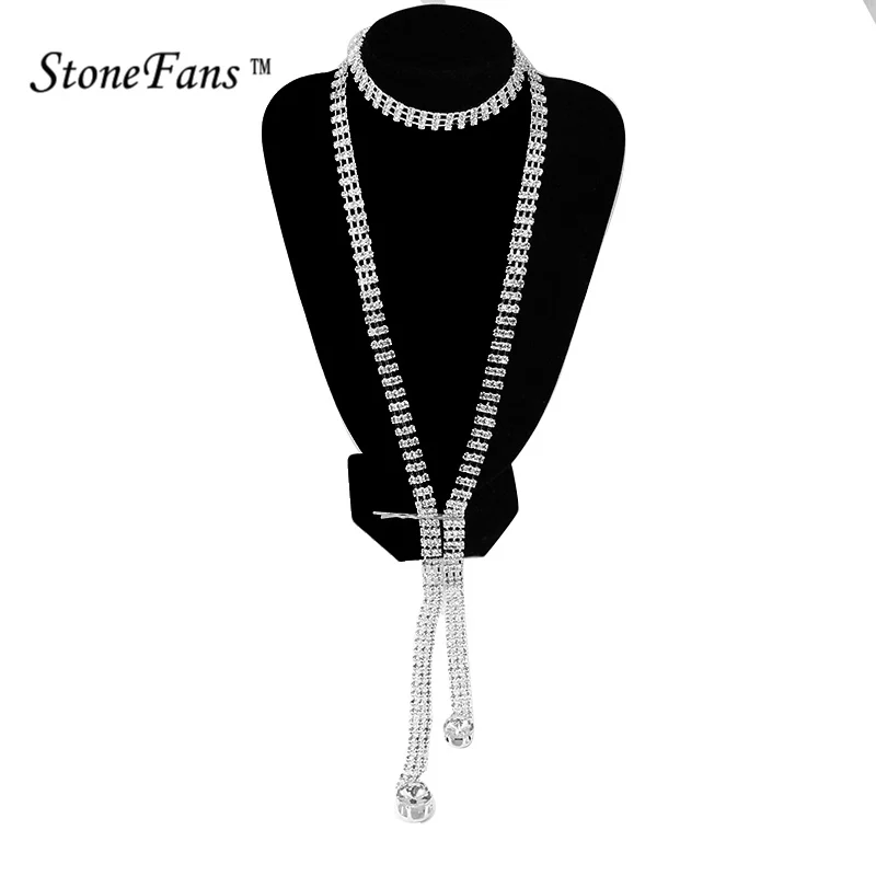 

StoneFans Jewelry Long Chain Necklace For Women Crystal Silver Pendant CZ Chain Vintage Sexy Necklaces Rhinestone Necklace Charm