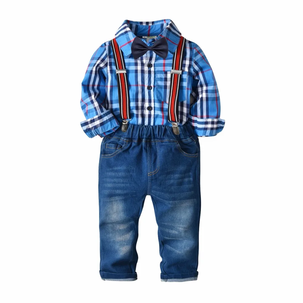 

Baby Boys 4-Pieces Clothing Sets Cotton Long-sleeved Blue Plaid Shirt + Jean Kids Set For Little Gentleman 2-7 Years Old