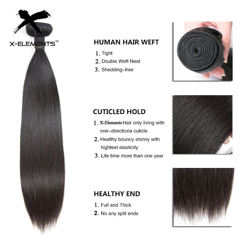 X-Elements Hair 100 Human Hair 3 Bundles Straight Brazilian Hair Weave Bundles Natural Color 8-26 inches Hair Extensions Non-Remy (11)