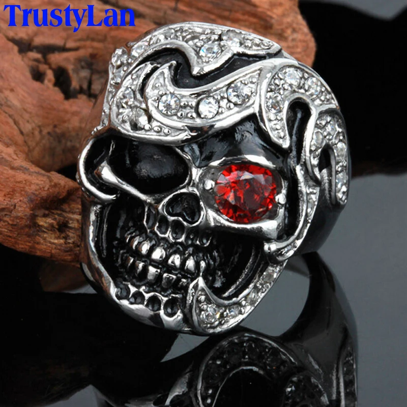 

TrustyLan Personality Skull Ring With Red CZ Eye Stainless Steel Punk Exaggerated Mens Rings For Men Retro Gift For Him Jewelry