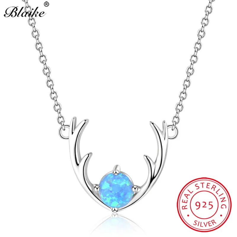 

Blaike Unique Solid S925 Sterling Silver Antlers Pendants Fine Jewelry Round Blue Fire Opal Necklace Women Wedding Choker Gifts