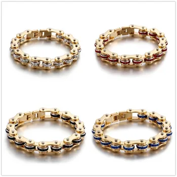 

9mm Fashion 316L Stainless Steel Gold Motor Biker Chain Charms White/Black/Red/Blue Rhinestone Men Women Bracelet Wristband 8"