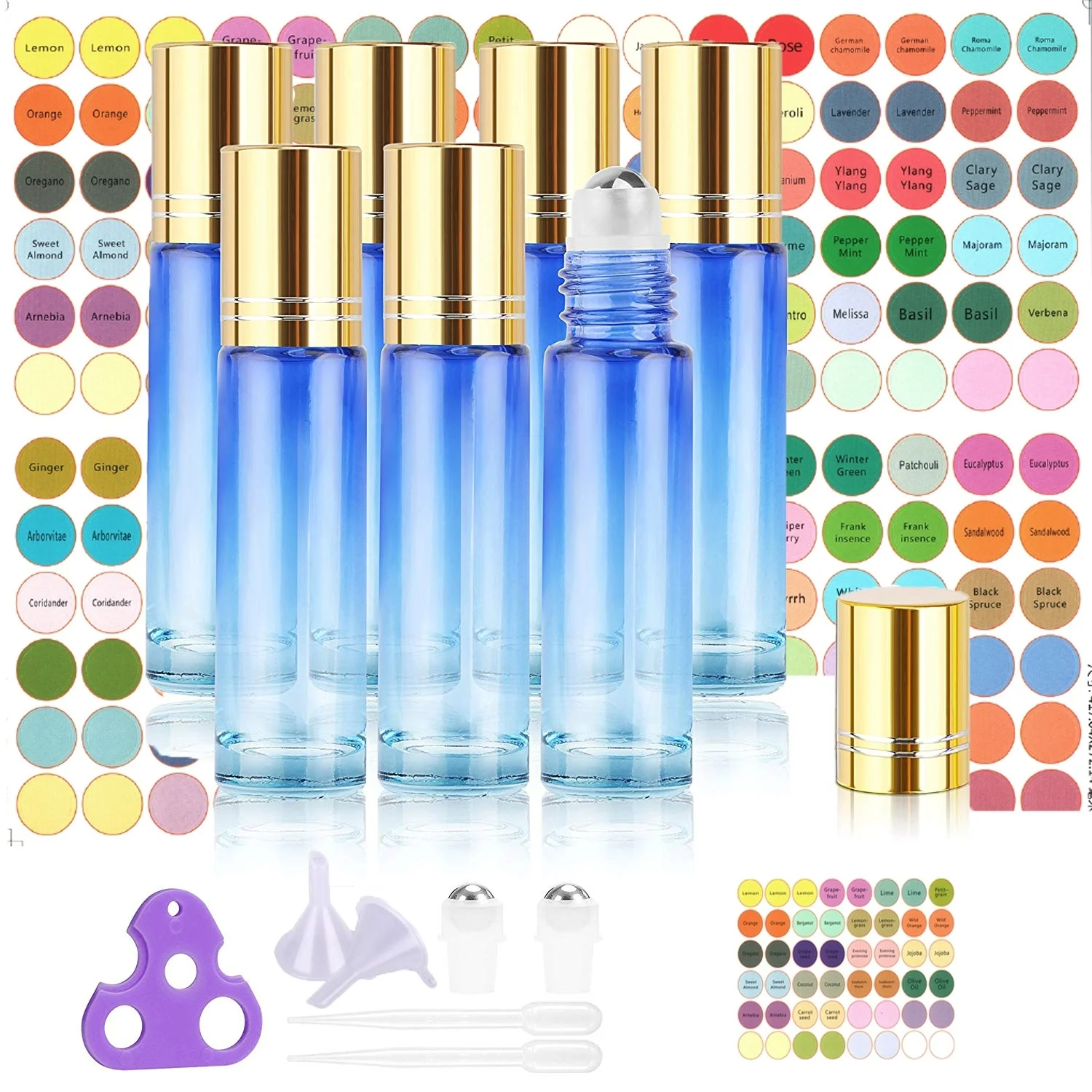 

7 Pack 10 ml Glass Roller Bottles for Essential Oils, Stainless Steel Roller, Opener, Adhesive Labels, Droppers and Funnels