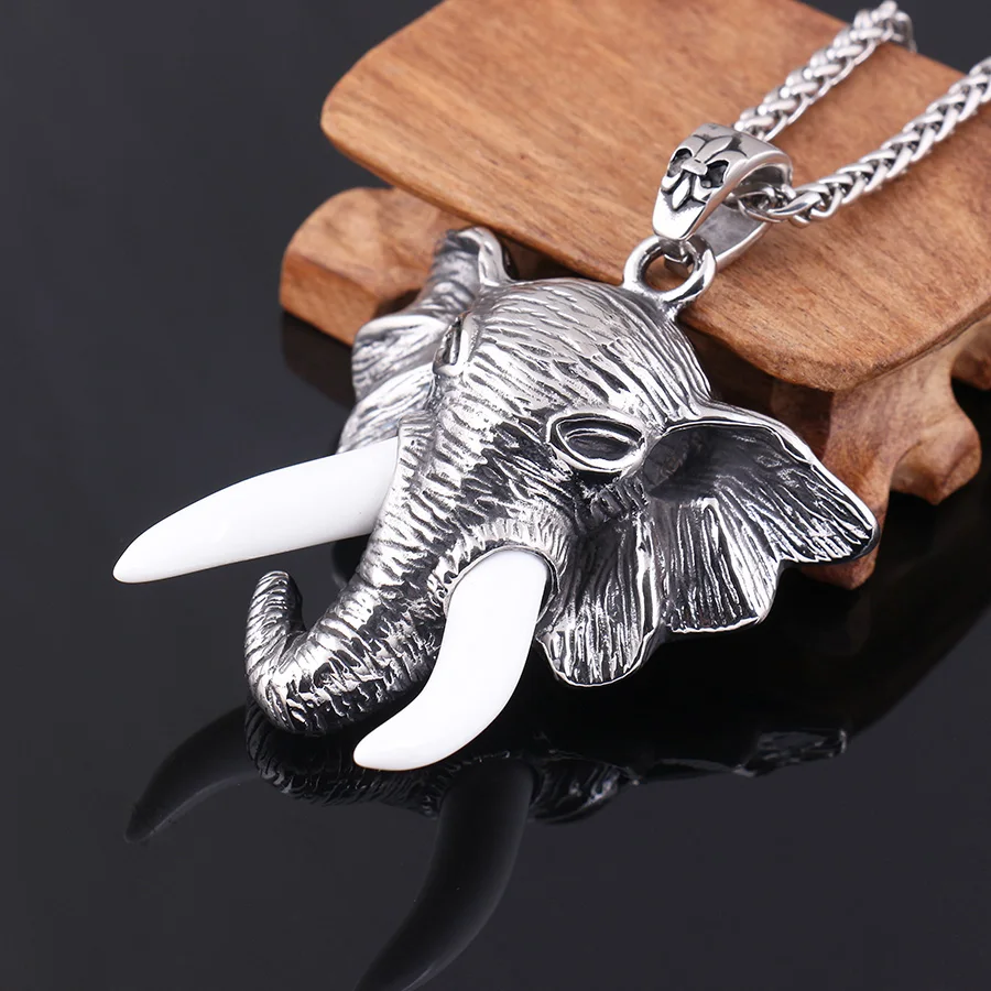 

Stainless Steel Elephant Pendant Necklace Vintage Animal Jewelry Cat's Eye Made Ivory fashion jewelry pendants