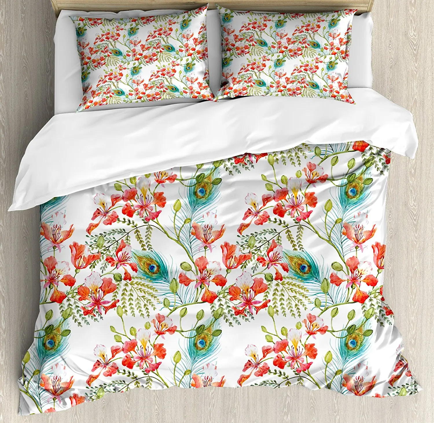 Spring Duvet Cover Set Peacock Feather Petunia Blossom Field