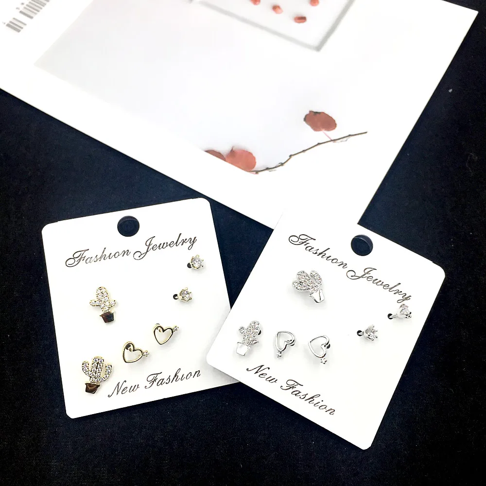 

New 925 Silver Needle Earrings Women Fashion Plant Cactus Heart Stud Earring Set Wedding Korean Jewelry