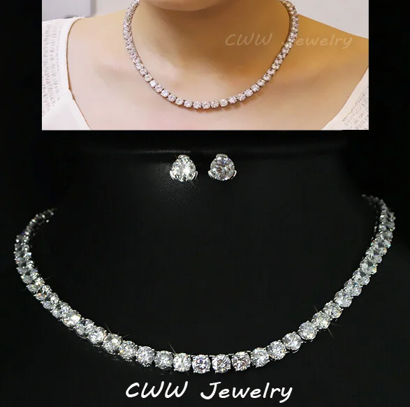 Super Spark Big Carat Round CZ Diamond Crystal Necklace and Earrings Bridal Party Jewelry Set For Wedding Evening T061