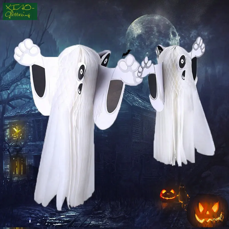 

2 Sizes White Horrible Paper Hanging Ghost Foldable Fun Shroud Door Hallway Hanger Halloween Party Props Decorations Supplies