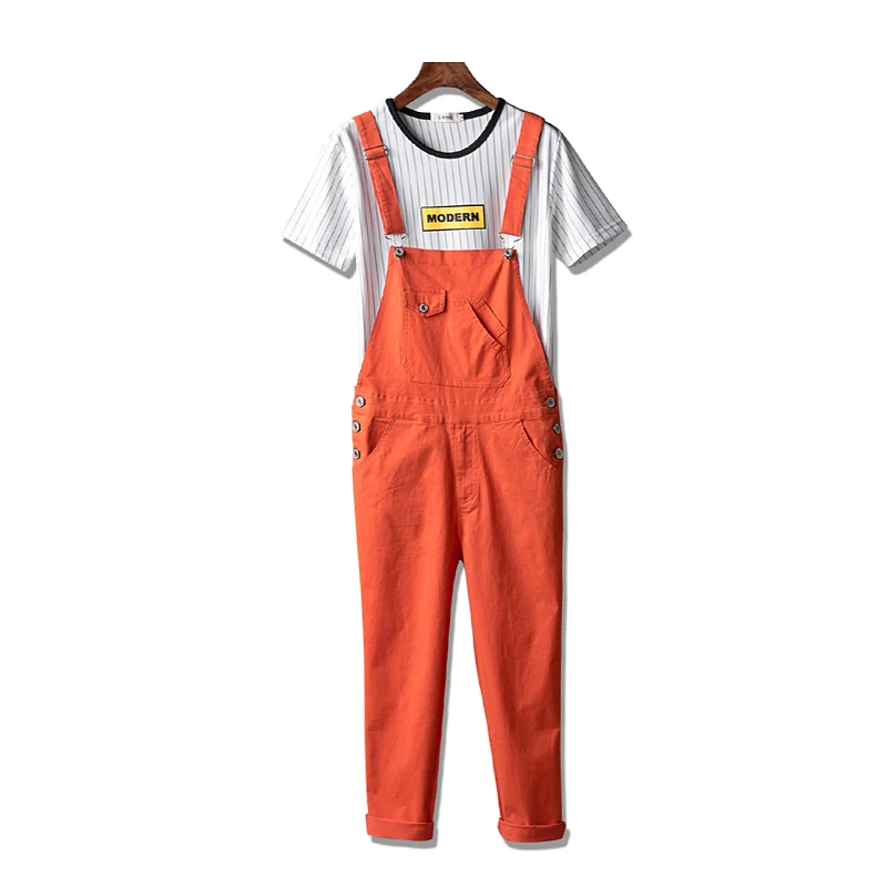 

Summer Hip Hop pocket jean Rompers Men Candy color Denim Jumpsuits Male Ankle Length Harem Suspenders pants A53102