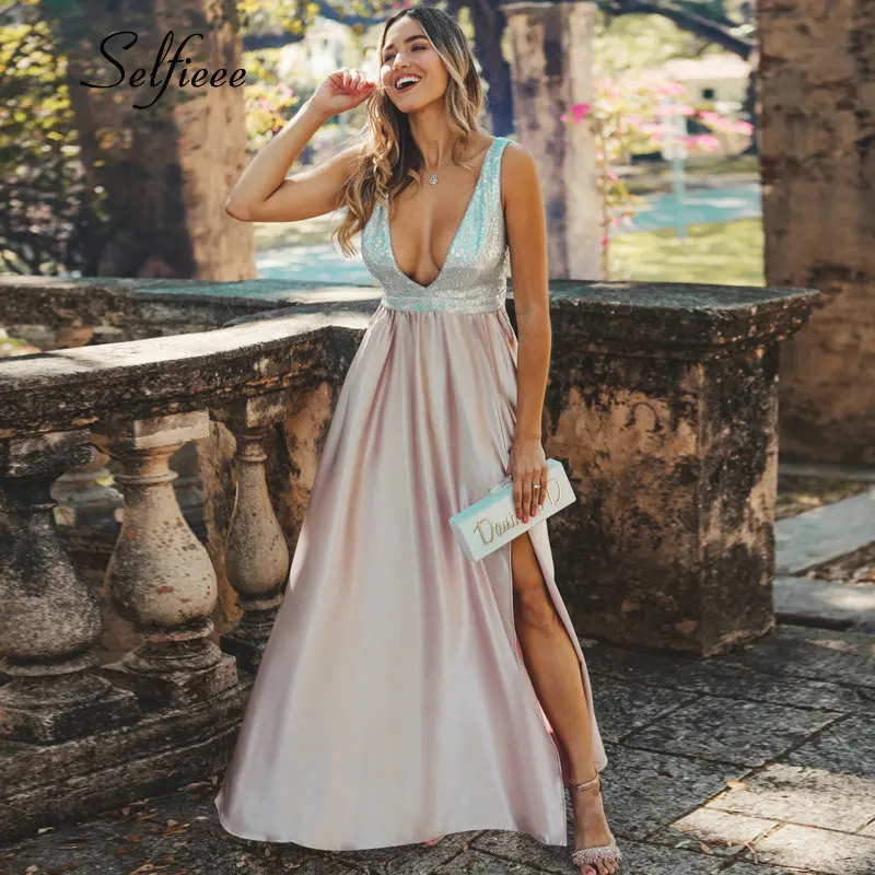 

New Arrival Blush Pink Dresses Long Sexy Deep V-Neck Backless Sparkle Evening Formal Party Gowns Women 2019 Summer Club Dresses