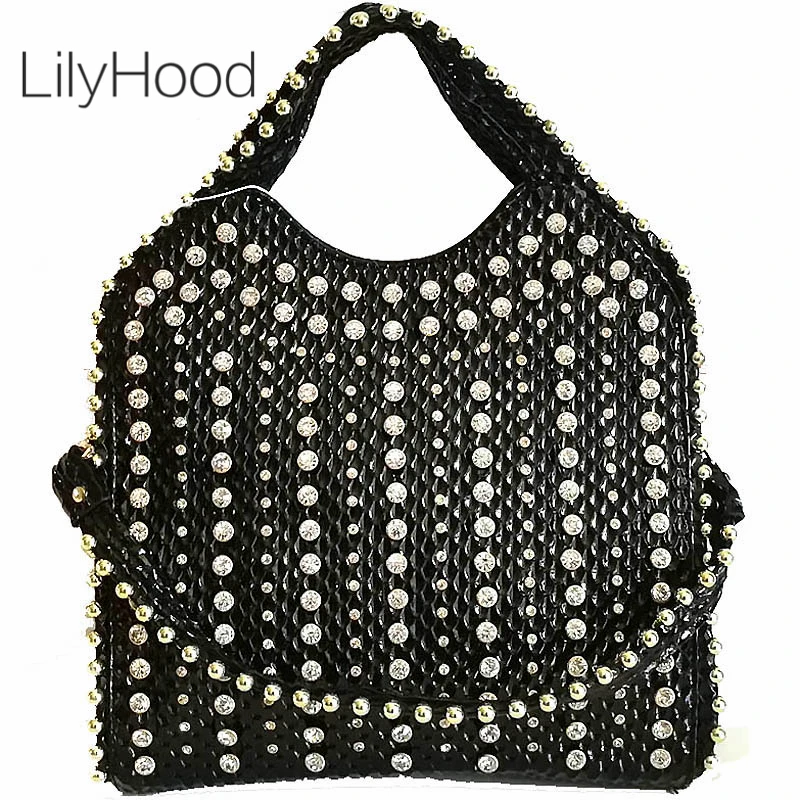 

Big Glittery Rhinestone Rivet Top-handle Bag Female Fashion Crystal Diamonds Handbag Women Fashion PU Leather Messenger Bag