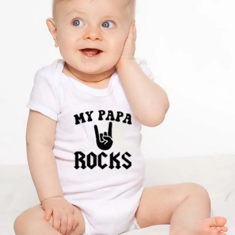 Funny MY PAPA ROCKS Print Baby Bodysuit Cotton Short Sleeve Newborn Baby Boys Girls Clothes Newborn Summer Onesie Jumpsuit - Цвет: Белый