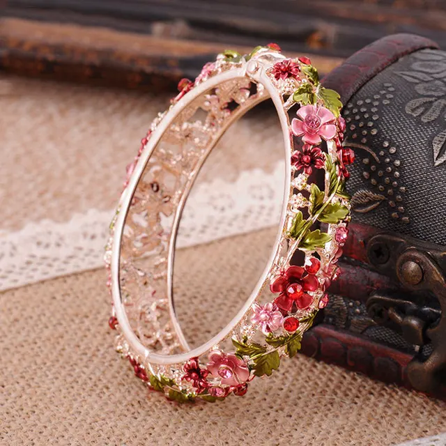 Vintage Chinese Cloisonne Bracelets Jewelry Gold Plated Hollow Vintage Chinese Cloisonne Bracelets Jewelry Gold Plated Hollow Crystal Rhinestone Flower Enamel Bangle For Women