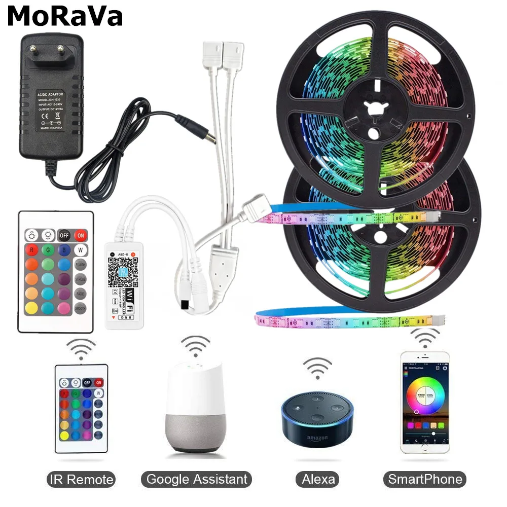 

5M 10M LED Strip Lights SMD 2835 5050 12V Non waterproof Flexible RGB Tape Ribbon Rope String Lamp+24key WiFi Controller+Power