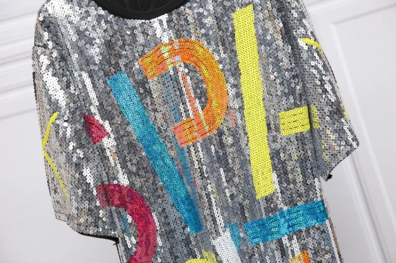 Хип-хоп стиль бренд Мода Письмо Блесток несколько цветов Женская Футболка Пуловер с короткими рукавами средней длины Свободные топы тройники