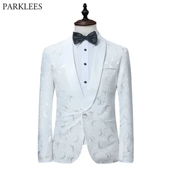 

White Rose Jacquard Blazer Men 2018 Brand New Single Button Shawl Collar Mens Suit Jacket Blazers Wedding Groom Tuxedo Blazer