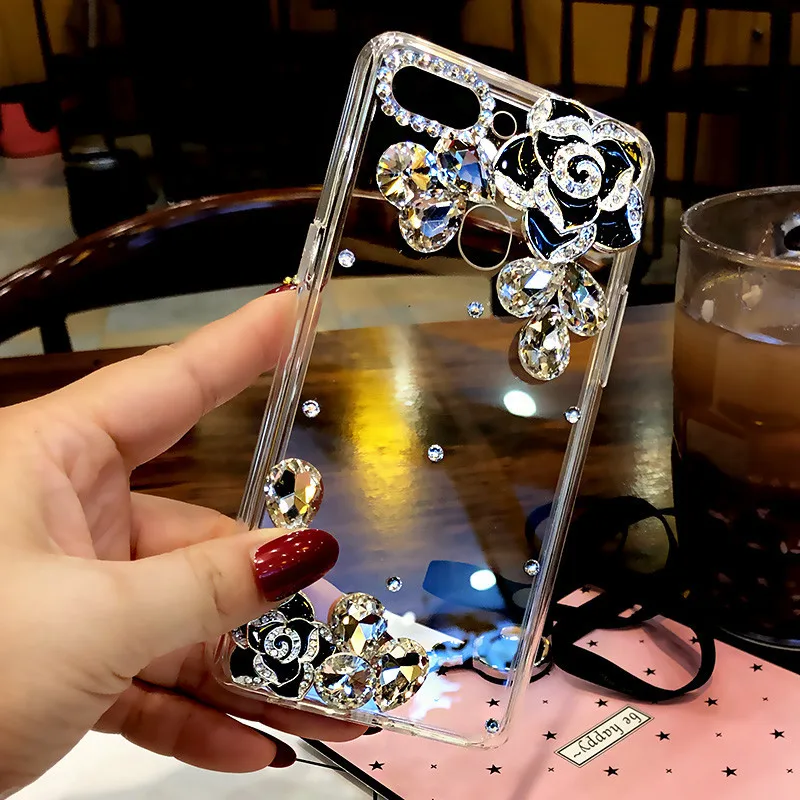 Rhinestone Camellia Flower Phone Case - Diamond Embellished Design