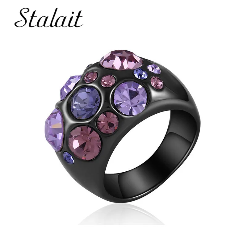 

Bohemian Simple Mosaic Crystal Alloy Ring Trendy Geometric Black Color Titanium Ring For Female Wedding Party Gift Jewelry