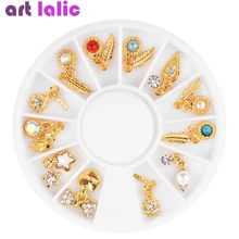 12 шт. дизайн ногтей металлические перья Шарм Золотой кулон кисточки Стразы Украшения 3D ювелирные изделия алмаз маникюр в колеса аксессуары