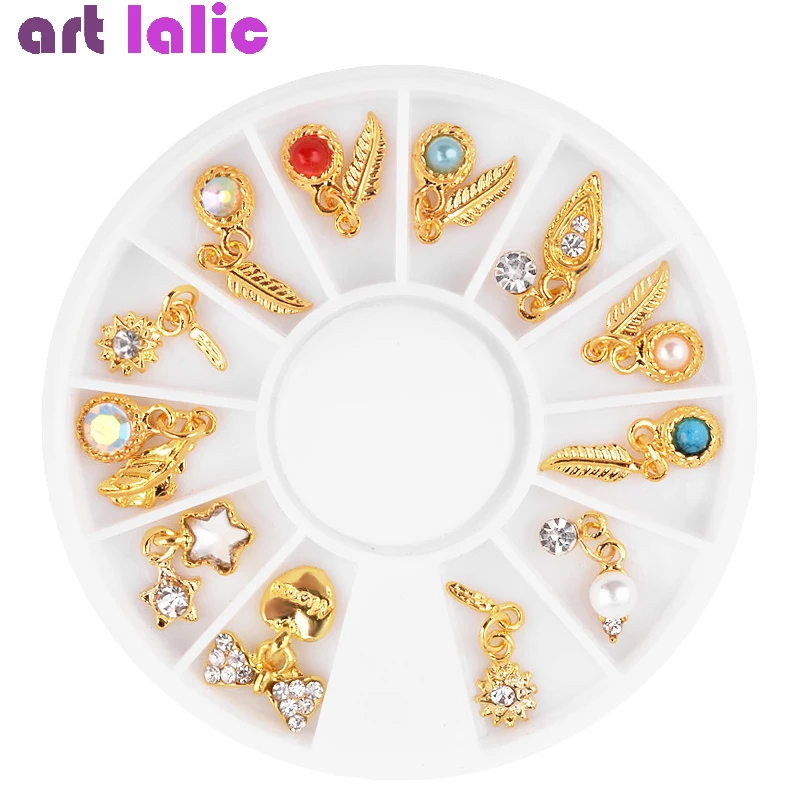 

12pcs Nail Art Metal Feather Charm Gold Pendant Tassel Rhinestone Decoration 3D Jewelry Diamond Manicure In Wheel Accessories