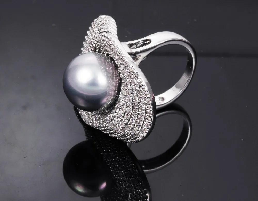 Большие кольца для женщин с родиевым покрытием w/кубическим цирконием и искусственным жемчугом медное кольцо дизайнер Модные ювелирные изделия