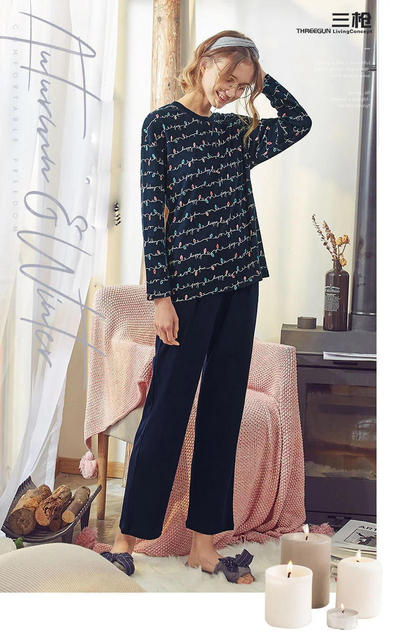 THREEGUN New Pajamas Sets Long Sleeved Spring Autumn Long Sleepwear Suit Pijama Lingerie Printed Lady Casual Home Clothing